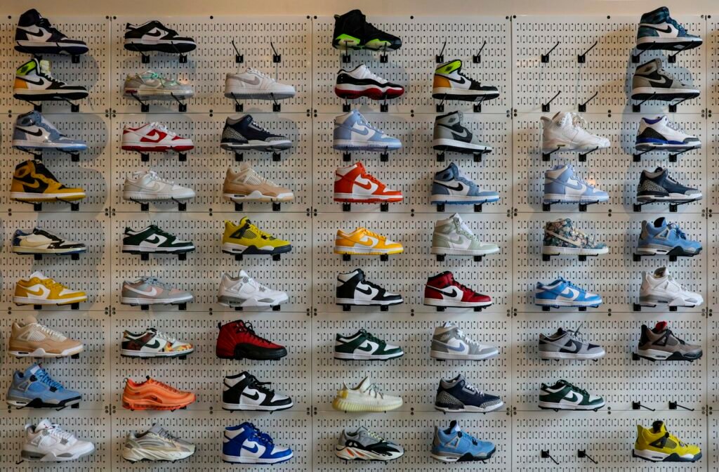 Wall display of original branded sneakers