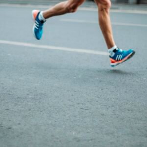Blue and white Adidas running shoes
